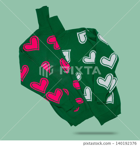 Two green knitted turtleneck sweaters with pink and white heart patterns levitating on green background. 140192376