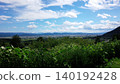 A panoramic view from a hilltop overlooking a blue sky and clouds. 140192428