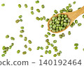 Top view of green mung beans scattered with a wooden spoon. Healthy plant-based protein source and dry legumes for cooking. Isolated. 140192464