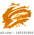 Vibrantly colored turmeric or curry powder smear isolated. Abstract textured brush stroke made of dry spice. Healthy culinary ingredient for food design and menus. 140192468