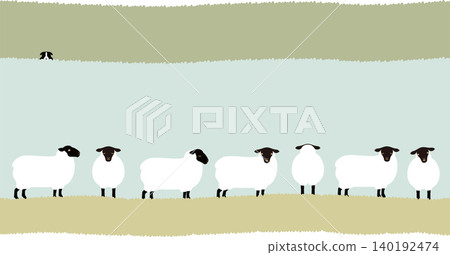 An illustration of a flock of Suffolk sheep and a sheepdog. An illustration of a flock of Suffolk sheep and a sheepdog. 140192474