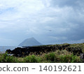 A passenger plane landing with Mount Hachijo-Fuji in the background. 140192621