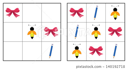 Premium quality PNG picture sudoku puzzle for kids with cute colorful ribbon, bee and pencil icons isolated on white background. Educational logic grid game worksheet template for childrens workbook, Premium quality PNG picture sudoku puzzle for kids with cute colorful ribbon, bee and pencil icons isolated on white background. Educational logic grid game worksheet template for childrens workbook, 140192718