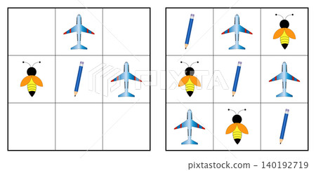 Luxury PNG colorful kids picture sudoku grid logic teaser with plane, bee and pencil elements isolated on white background. Professional educational puzzle game worksheet template for children activit Luxury PNG colorful kids picture sudoku grid logic teaser with plane, bee and pencil elements isolated on white background. Professional educational puzzle game worksheet template for children activit 140192719