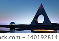3D render, Surreal triangular portal and reflective sphere in minimal twilight water scene 140192814