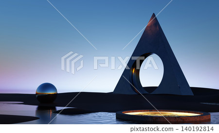3D render, Surreal triangular portal and reflective sphere in minimal twilight water scene 3D render, Surreal triangular portal and reflective sphere in minimal twilight water scene 140192814