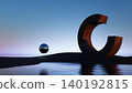 3D render, Surreal geometric sculpture and reflective sphere in minimal twilight landscape 140192815