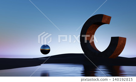 3D render, Surreal geometric sculpture and reflective sphere in minimal twilight landscape 3D render, Surreal geometric sculpture and reflective sphere in minimal twilight landscape 140192815