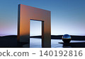 3D render, Minimal geometric doorway and reflective sphere in surreal water landscape 140192816