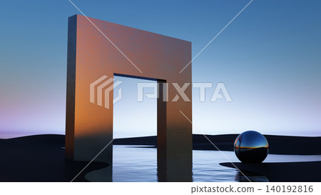 3D render, Minimal geometric doorway and reflective sphere in surreal water landscape 3D render, Minimal geometric doorway and reflective sphere in surreal water landscape 140192816