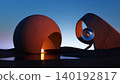 3D render, Surreal curved sculptures with reflective sphere in minimal twilight landscape 140192817