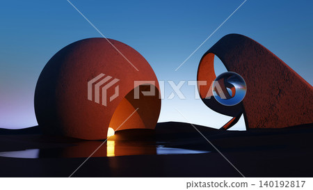3D render, Surreal curved sculptures with reflective sphere in minimal twilight landscape 3D render, Surreal curved sculptures with reflective sphere in minimal twilight landscape 140192817