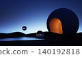 3D render, Minimal arched sculpture and reflective spheres in surreal twilight landscape 140192818