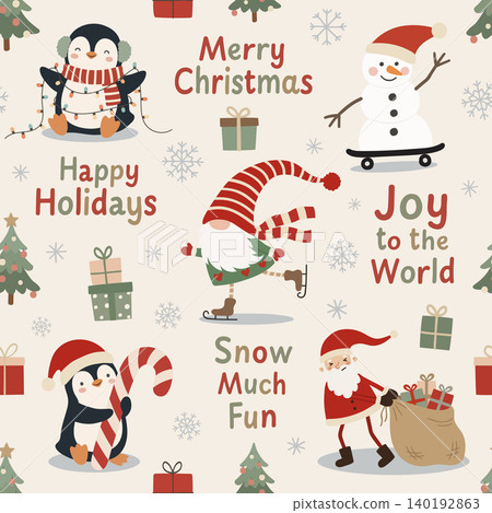 Cute Christmas seamless pattern with penguins, Santa, gnome, snowman, gifts for wrapping paper, cards, textiles, kids decor Cute Christmas seamless pattern with penguins, Santa, gnome, snowman, gifts for wrapping paper, cards, textiles, kids decor 140192863