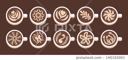 Set of coffee cups with latte art. Coffee latte art elements collection. Illustration. Set of coffee cups with latte art. Coffee latte art elements collection. Illustration. 140193001