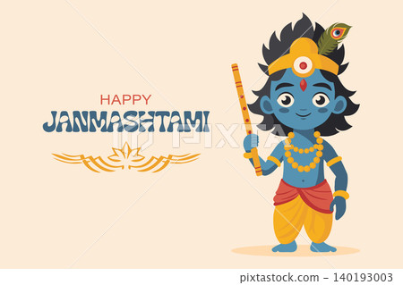 Happy Krishna Janmashtami card with baby Krishna. Illustration, greeting card, festive banner. Happy Krishna Janmashtami card with baby Krishna. Illustration, greeting card, festive banner. 140193003