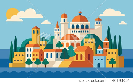 Coastal Cityscape Illustration with Mediterranean Architecture. Illustration. Coastal Cityscape Illustration with Mediterranean Architecture. Illustration. 140193005
