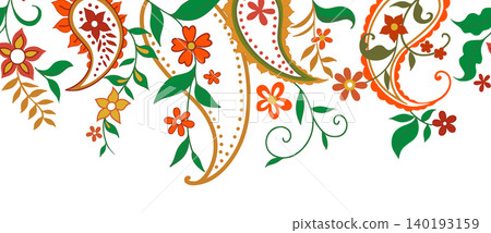 Seamless border of oriental paisley patterns. Bright floral patterns. Vector illustration. Seamless border of oriental paisley patterns. Bright floral patterns. Vector illustration. 140193159