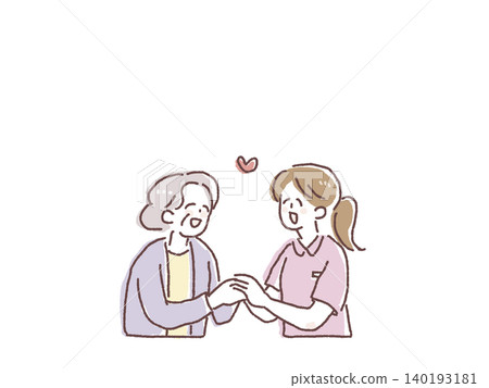 插圖描繪了一位老婦人、一位護理員和一位護士手牽手。 140193181