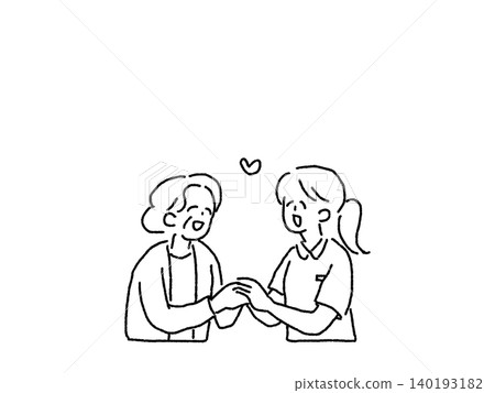 描繪老年婦女、護理人員和護士手牽手的插圖和線條畫。 描繪老年婦女、護理人員和護士手牽手的插圖和線條畫。 140193182
