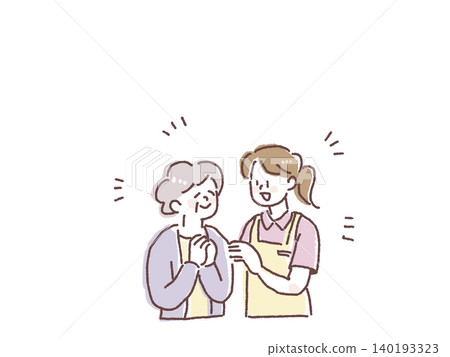 Female caregivers wearing aprons support the daily lives of elderly women. Female caregivers wearing aprons support the daily lives of elderly women. 140193323