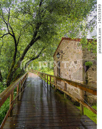 Wet wooden walkway passing a traditional stone building under a canopy of lush green trees along the Uima River trails in Lobao Portugal after rain 140193849