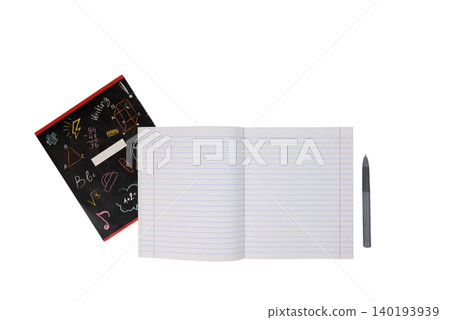 opened lined notebook lies flat in the center next to a gray pen and a cover opened lined notebook lies flat in the center next to a gray pen and a cover 140193939