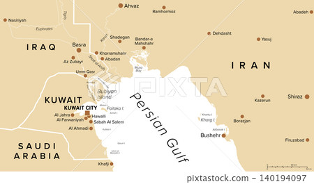 Northern Persian Gulf region, sand colored map with Kuwait, a country in West Asia and Middle East, in the edge of the Arabian Peninsula, with Bubiyan Island, part of Shatt al-Arab river delta. Vector Northern Persian Gulf region, sand colored map with Kuwait, a country in West Asia and Middle East, in the edge of the Arabian Peninsula, with Bubiyan Island, part of Shatt al-Arab river delta. Vector 140194097