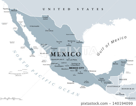 Mexico, gray political map, with capital Mexico City, and largest and most important cities. United Mexican States, a country in North America, northernmost part of Latin America. Illustration. Vector Mexico, gray political map, with capital Mexico City, and largest and most important cities. United Mexican States, a country in North America, northernmost part of Latin America. Illustration. Vector 140194099