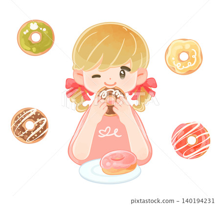 A cute girl eating a donut, wearing short sleeves. A cute girl eating a donut, wearing short sleeves. 140194231