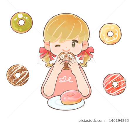 一個穿著短袖的可愛女孩正在吃甜甜圈。 一個穿著短袖的可愛女孩正在吃甜甜圈。 140194233