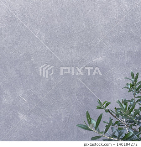 A square background image showing blue-green olive branches and leaves in front of a silver wall. A square background image showing blue-green olive branches and leaves in front of a silver wall. 140194272