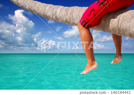 Caribbean inclined palm tree beach tourist legs Caribbean inclined palm tree beach tourist legs 140194441