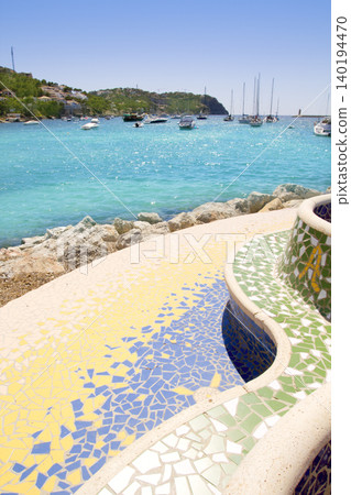 Andratx port view from colorful tiles mosaic bench seat Andratx port view from colorful tiles mosaic bench seat 140194470