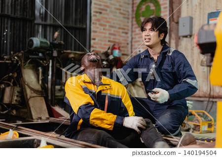Accident worker injured on site colleague help assist, urgency workplace safety, emergency response. Accident worker injured on site colleague help assist, urgency workplace safety, emergency response. 140194504