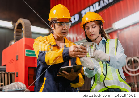 Professional worker man working in metal part workshop, Quality control staff looking product part. Professional worker man working in metal part workshop, Quality control staff looking product part. 140194561