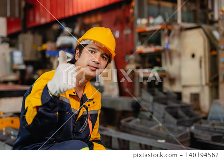 Portrait professional Asian engineer male worker working metal factory looking camera in safety Portrait professional Asian engineer male worker working metal factory looking camera in safety 140194562