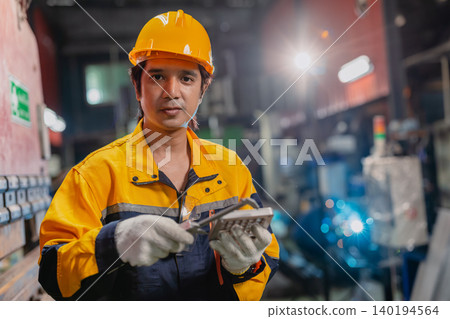 Portrait professional Asian engineer male worker working metal factory looking camera in safety Portrait professional Asian engineer male worker working metal factory looking camera in safety 140194564