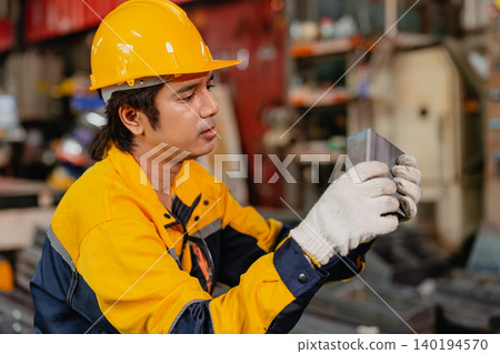 Professional worker man working in metal part workshop, Quality control staff looking product part. Professional worker man working in metal part workshop, Quality control staff looking product part. 140194570