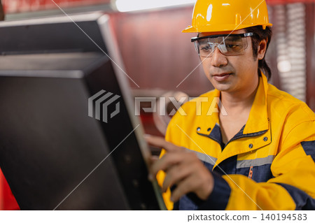 Asian Engineer male worker work control operate machine control panel in metal part workshop plant. Asian Engineer male worker work control operate machine control panel in metal part workshop plant. 140194583