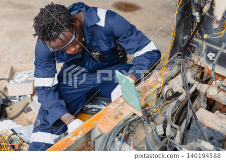 Black African young worker man working fix service repair industry vehicle electricity wiring Black African young worker man working fix service repair industry vehicle electricity wiring 140194588