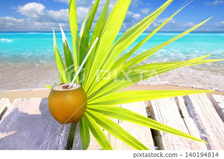 coconut fresh in caribbean sea pier chit palm leaf 140194814