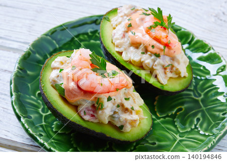 Seafood filled avocado with shrimps tapas pinchos Seafood filled avocado with shrimps tapas pinchos 140194846