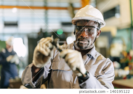 Black African engineer male worker working in heavy metal factory, Precision professional working 140195122