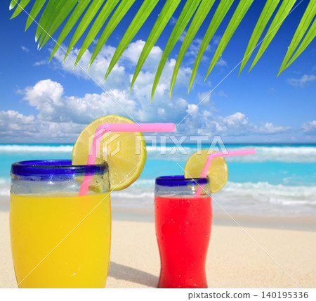 beach tropical cocktails palm tree leafl turquoise beach beach tropical cocktails palm tree leafl turquoise beach 140195336