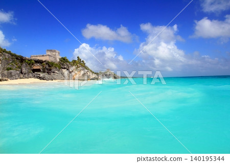 ancient Tulum Mayan ruins view from caribbean sea ancient Tulum Mayan ruins view from caribbean sea 140195344