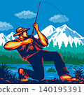 Fly Fisherman in Rocky Mountain National Park WPA Retro 140195391