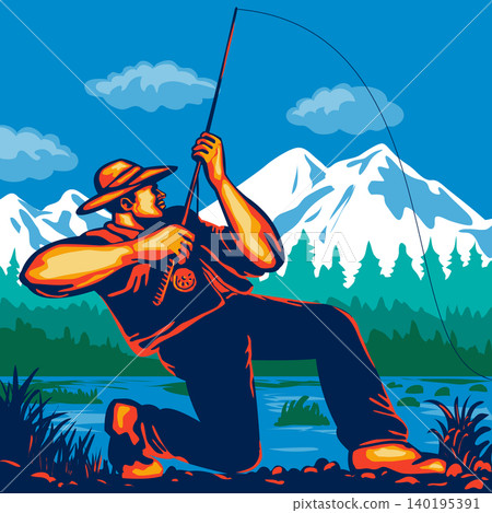 Fly Fisherman in Rocky Mountain National Park WPA Retro Fly Fisherman in Rocky Mountain National Park WPA Retro 140195391