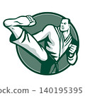 Martial Arts Fighter Kicking Circle Mascot Retro 140195395
