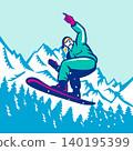 Snowboarder in Dercum Mountain WPA Retro Woodcut Style 140195399